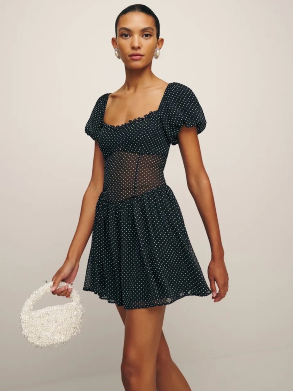 Reformation Black Polka-Dot Puff-Sleeve Mini Dress